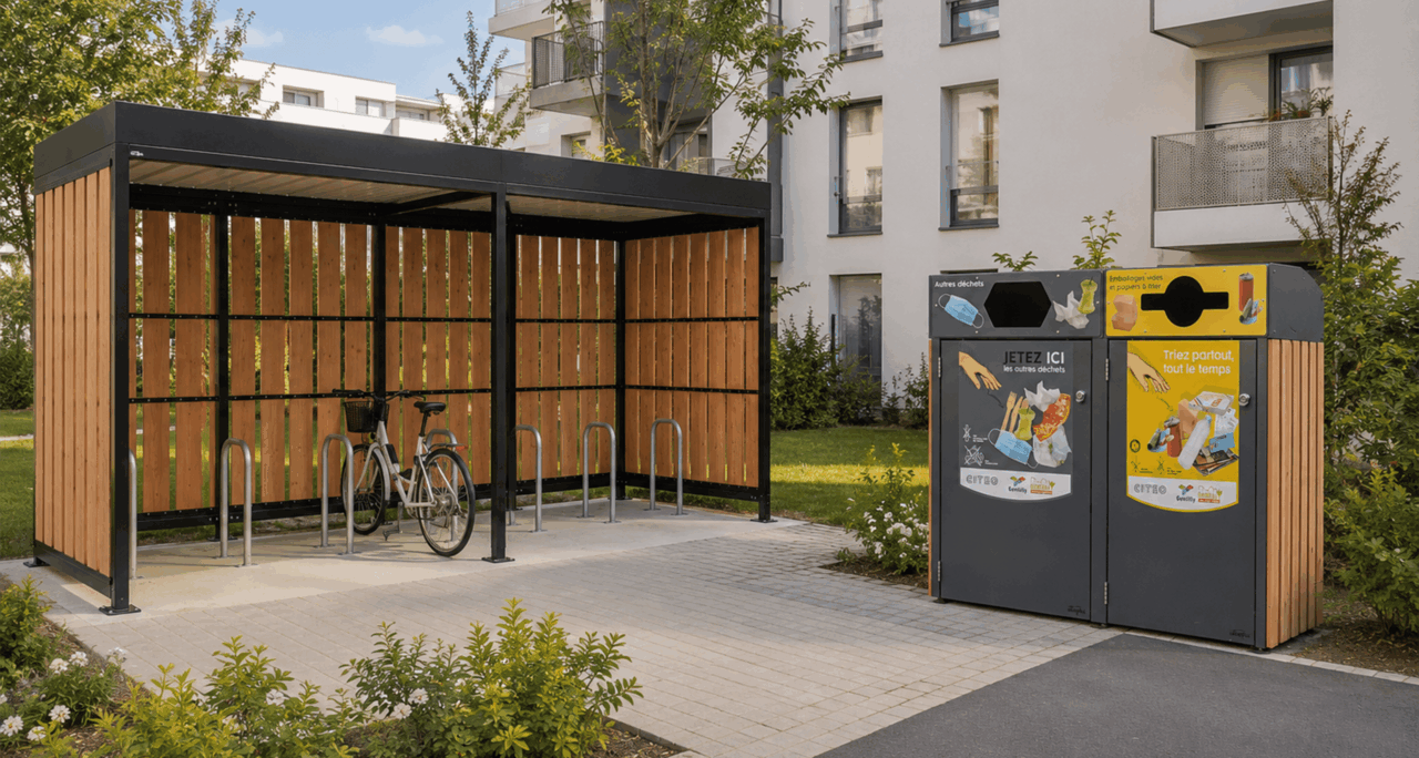 Abri vélos et abri poubelles dans une résidence en 3D