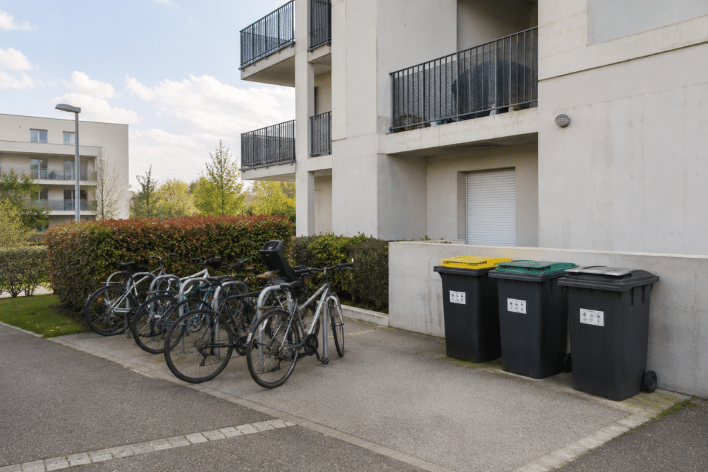 Bornes vélos et poubelles dans un immeuble